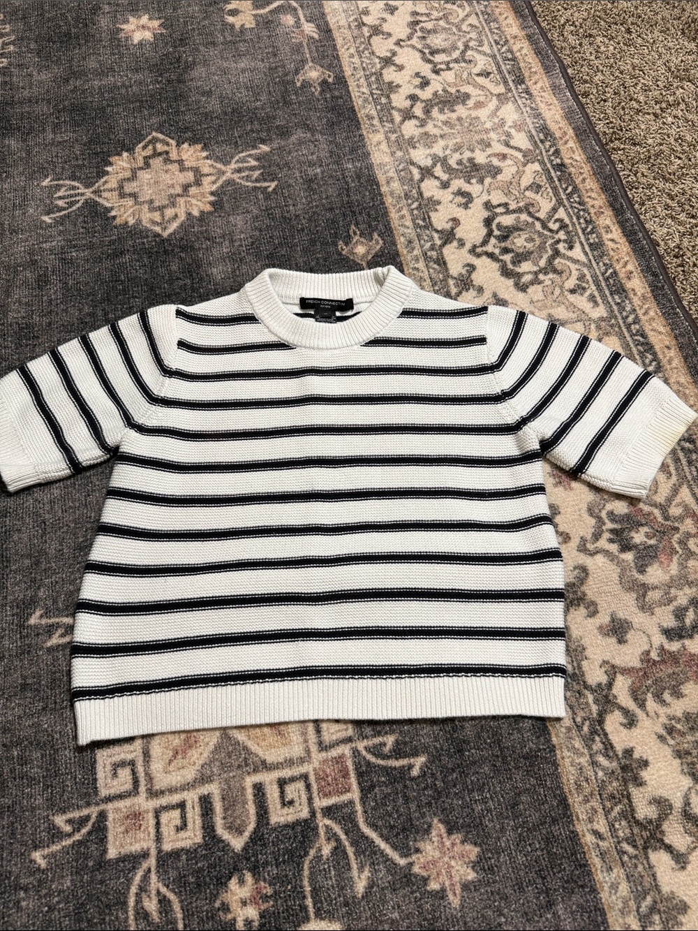 French Connection White Short-Sleeve Crewneck Sweater with Black Stripes